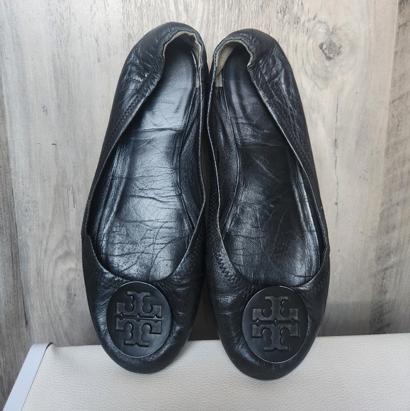 TORY BURCH Black Leather REVA Logo Medallion Ballet Flats Size 9m - Picture 9 of 9